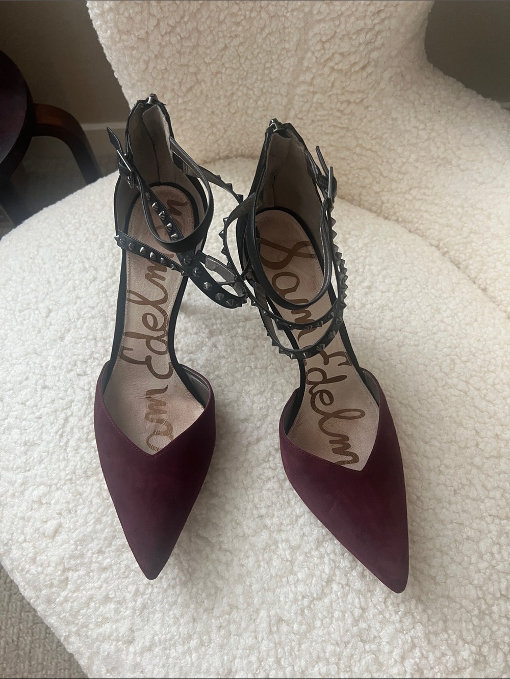 Sam Edelman Darla Brit Burgundy Suede Pointed Toe Heels with Black Studded Strap